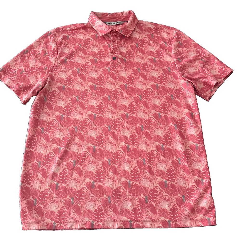 Black Clover Mens L Polo Shirt Short Sleeve Pink Leaves Pineapple print AOP prep